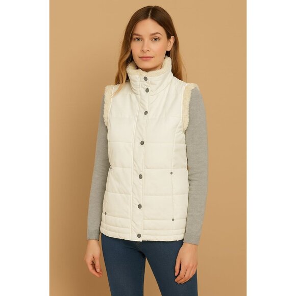 Carolyn Taylor White Sleeveless Puffer Vest W/ Faux Fur Lining & High Collar M - Picture 1 of 12